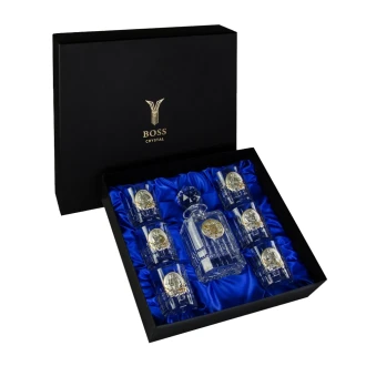 Набір для віскі «КАЗАКИ» Boss Crystal - 6 кришталевих келихів із графином | Золото, Срібло