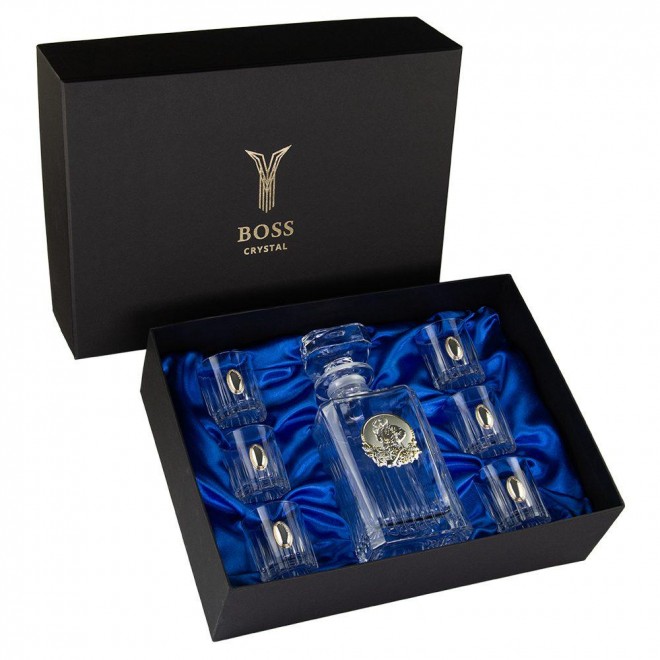 Набор хрустальных рюмок с графином "Казак" Boss Crystal - золото, серебро, платина | Графин, 6 рюмок.