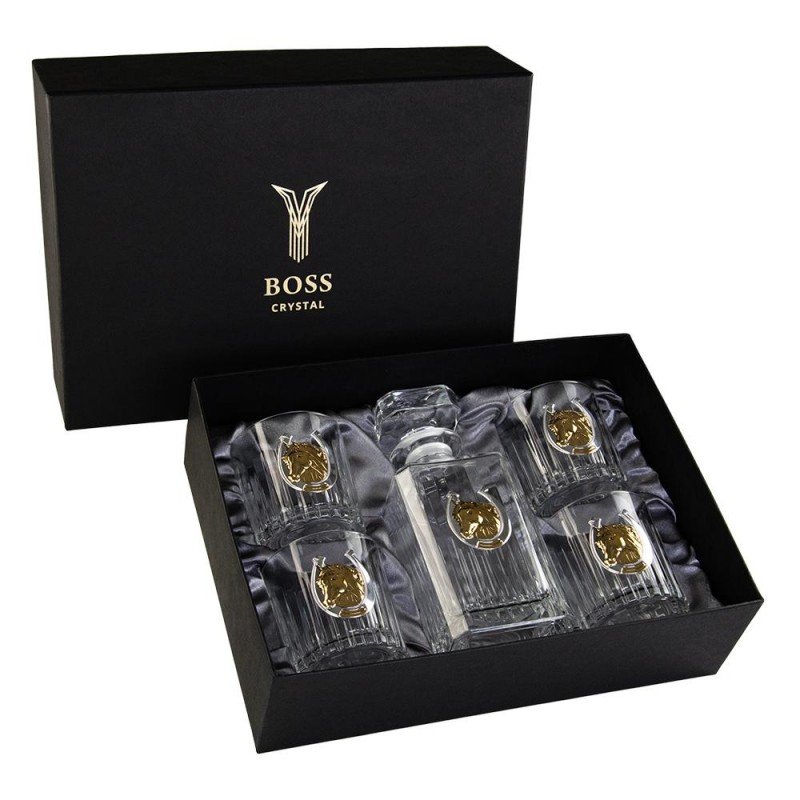 "Золотой конь" Boss Crystal - набор из 4 хрустальных стаканов с графином | Золото, Серебро "Золотой конь" Boss Crystal - набор из 4 хрустальных стаканов с графином | Золото, Серебро